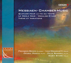 CD album cover 'Messiaen Chamber Music' (GEN 12258) with François Benda, Ivan Monighetti, Cédric Pescia ...