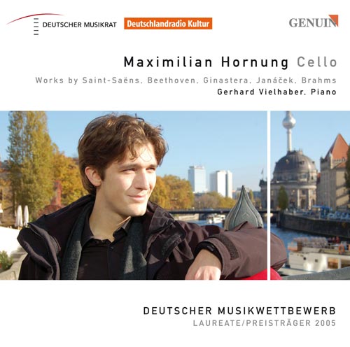 CD album cover 'Works by Saint-Sans, Beethoven, Ginastera, Jancek, Brahms' (GEN 88120) with Maximilian Hornung ...